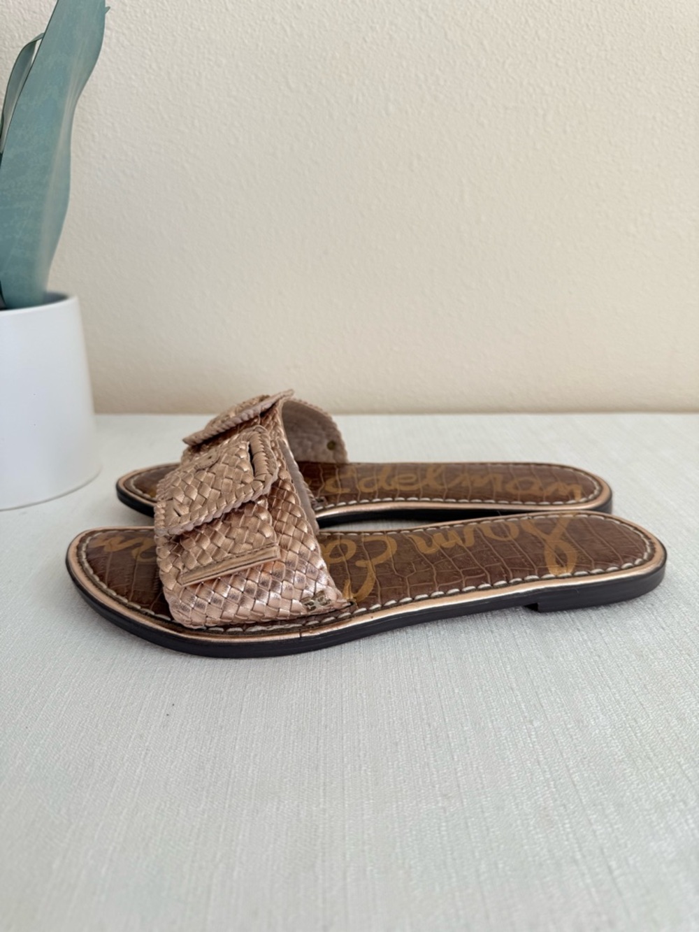 Sam Edelman Gavriela 2 Rose Gold Woven Leather Buckle Slide Sandals - Picture 6 of 11